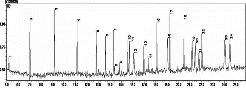 Figure 4 Total ion chromatogram of the phenolic compounds found in apple pomace after derivatization.