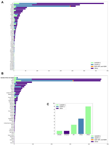 Figure 2 Distribution of K. pneumoniae and carbapenem resistance genes (CRGs) (blaKPC-2 and blaNDM-1); Types of CRGs are annotated by different colors. All STs are based on the Pubmlst MLST scheme. (A) Distribution of carbapenem resistance genes of CRGs in K. pneumoniae genomes from NCBI in the ST type with large abundance or with blaKPC-2 or blaNDM-1 for display. (B) Geographical distribution of CRGs in K. pneumoniae genomes from NCBI (only countries with ≥1 CRG-containing genome are shown). Countries are shown on the y-axis and the numbers on the x-axis indicate the number of CRGs. (C) Distribution of carbapenem resistance genes of CRGs in K. pneumoniae genomes from Shunde hospital.