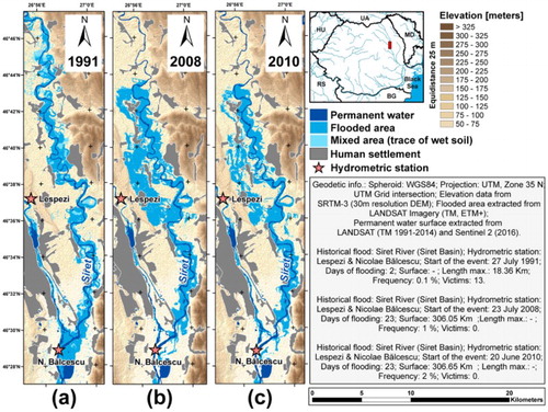 Figure 4. Historical floods on Siret River – (a) 27 July 1991, (b) 23 July 2008 and (c) 20 June 2010, extracted from Landsat TM and Landsat ETM+ scenes from 31 July 1991, 29 July 2008 and 3 July 2010.