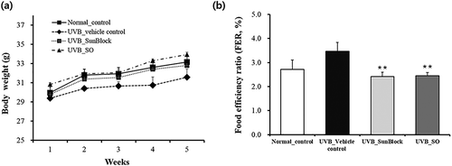Figure 2. Body weight (a) and food efficiency ratio (b) in HRM-2 hairless mice applied the skin cream containing the ziyuglycoside I isolated from Sanguisorba officinalis topically for 5 weeks.Normal, vehicle (negative) control group; positive control (SunBlock), skin cream application (test) group. SO, skin cream containing ziyuglycoside I isolated from Sanguisorba officinalis Linne. Values are expressed as means ± SD from two-independent experiments (n = 5). **Significantly different from UVB_Vehicle treatment (p < 0.01).