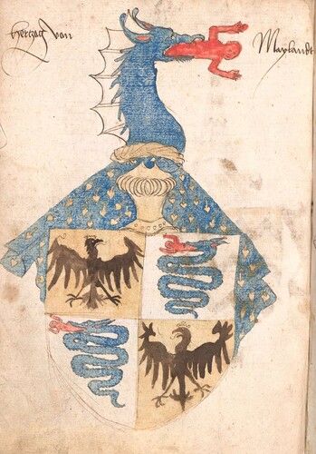 Figure 13. The coat of arms of the powerful northern Italian Renaissance ducal family Sforza from the period 1475–1500. It shows among other things, a so-called ‘biscione’, a heraldic monstrous serpent devouring a human. The head of the beast is very reminiscent of the wooden figure from Griffin. Is the serpent perhaps a direct inspiration for the figure on the ship? In 1474, Christian I travelled to Italy and met the Pope but also passed Milan and the Sforza family's home region in Lombardy (see Ullidtz, Citation2016, pp. 516–538). ‘Wappen des Herzog von Mailand, Sforza 1475 –1500’. Original in Bavarian State Library, Munich (public domain).