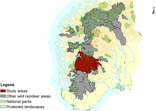 Figure 2. Wild reindeer management areas in Southern Norway, including 23 distinct herds (in grey). The study area Hardangervidda wild reindeer area, including the National Park area, is in red.