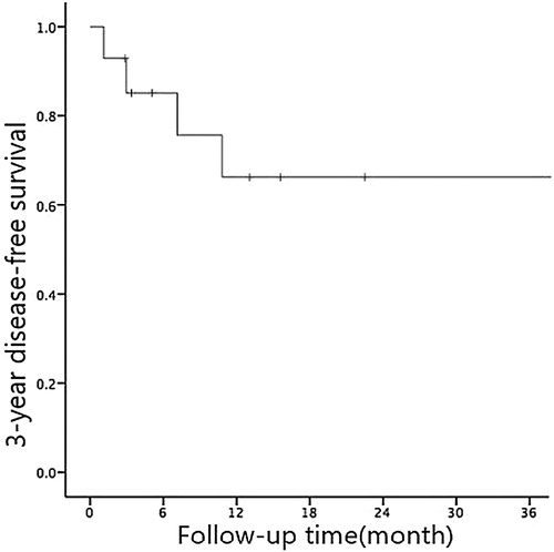 Figure 2. K-M curve of 3-year disease-free survival among 14 JMML patients.