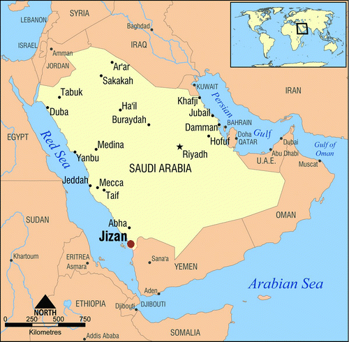 FIGURE 1 Map showing the Jazan area in the south of Saudi Arabia and its relation to Yemen (Color figure available online).