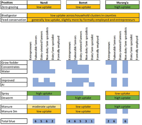 Figure 7. Visual overview of uptake of LED-practices per household cluster in the counties. Read from above to below. In blue is below average uptake, “total blue” below shows which household clusters have most below average uptake. Some practices in green, yellow and orange have no differences in uptake between household clusters in the counties and indicate structural reasons for low/moderate/high uptake.