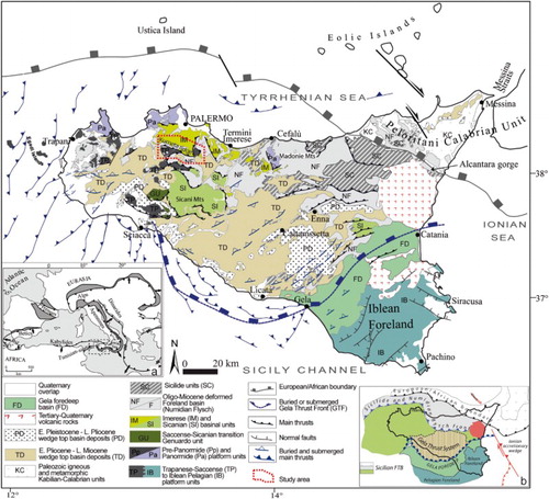 Figure 1. Geological–structural map of Sicily and adjacent offshore area (modified from CitationCatalano, Valenti, et al., 2013 with reference therein). The inset maps show (a) tectonic map of central Mediterranean area (foreland basins are shaded dark grey); and (b) main structural elements of the Sicilian chain.