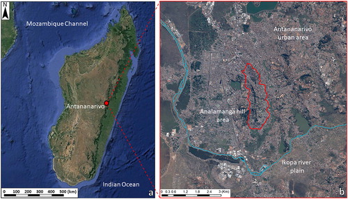 Figure 2. Location of Antananarivo on Madagascar Google Earth image (a); detail of the Antananarivo area on optical satellite image (b) (the red polygon represents the Unesco buffer zone). Source: Author
