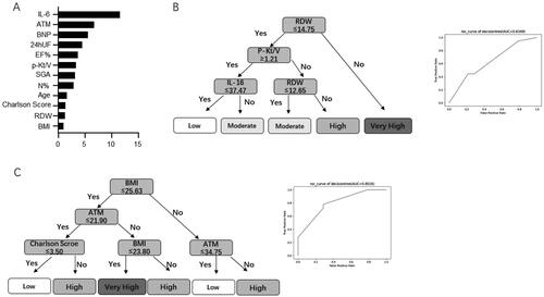 Figure 2. The feature importance of machine learning models and visual DT flow diagram. (A) The feature ranking analysis produced by the decision tree model. (B) A pruned decision tree flowchart for predicting low LTI incidence in PD patients. (C) A pruned decision tree flow chart based on nutrition-related indicators for predicting the risk stratification of low LTI incidence in PD patients. DT: decision tree; LTI: lean tissue index; PD: peritoneal dialysis.