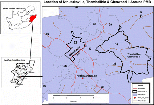 Figure 2: Location of Nthutukoville, Thembalihle and Glenwood II around Pietermaritzburg