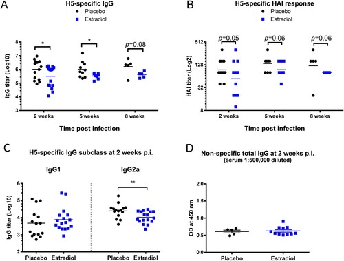 Figure 4. Pregnancy level of estradiol suppressed humoral response to H5N1 infection. Sera of estradiol- and placebo-implanted female mice (n = 5–17 mice/group/time point) were collected at different time points of H5N1 post infection (p.i.) for antibody determination. (A) H5-specific IgG titers with geometric mean (lines); (B) H5-specific HAI titers with geometric mean (lines); (C) H5-specific IgG1 and IgG2a titers with geometric mean (lines); (D) non-specific total IgG (OD mean ± SEM). *p < 0.05 and **p < 0.01 by Mann–Whitney test after log transformation. Data are representative of 2–3 independent experiments with similar results.