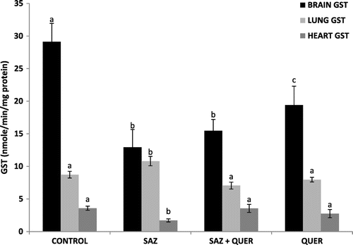 Figure 6. Effects of quercetin on brain, lung, and heart GST activities in NaN3-treated rats.