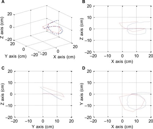 Figure 24 True reverse gamma loop (red) versus generated reverse gamma loop (blue) is shown. Isometric view (A), right-side view (B), left-side view (C), top view with right side as X axis (D).