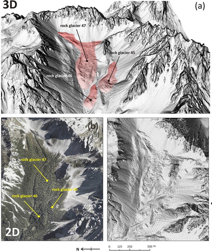 Figure 2. (a) The extent of Brica (n. 47 in the Main Map), del Cason (n. 45) and dell’Inferno (n. 46) rock glaciers as seen from the shaded relief projected on the 1 m cell size DTM in 3D view, (b) vegetation cover as seen from the ortophoto projected on the shaded relief in 2D view, and (c) their typical morphology resembling the lava flow shown on the shaded relief in 2D view.