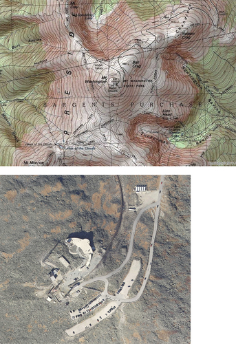 Figure 2. (Top) Alpine tundra (brownish-white background) on Mt. Washington, New Hampshire. Generally, the Auto Road runs from the northeast corner (upper right) to the summit (center) and the Cog Railway from the west edge (left) to the summit; Lakes of the Clouds Hut is near the southwest corner (near lower edge and left of center). Credit: USA Topo Maps, 2013 National Geographic Society. (Bottom) Structures, parking lots, and other disturbed areas on the summit of Mt. Washington, New Hampshire. Credit: 2010–11 Statewide High Resolution Aerial Photography, NH GRANIT, University of New Hampshire, Durham.