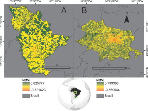 Figure 1. Geographical location of Sinop – MT (A) and Passo Fundo – RS (B) and spatial variability of NDVI (product MOD13Q1.V6) of the temporal mean of the Julian days 206 to 258 of the year 2017, respectively.