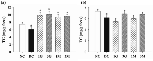 Figure 6. The levels of (a) triglyceride (TG) and (b) total cholesterol (TC) in the faeces of rats fed with G. lucidum supplement high-cholesterol diets