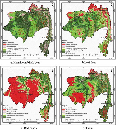Figure 5. Sets of maps showing habitat suitability for individual species.