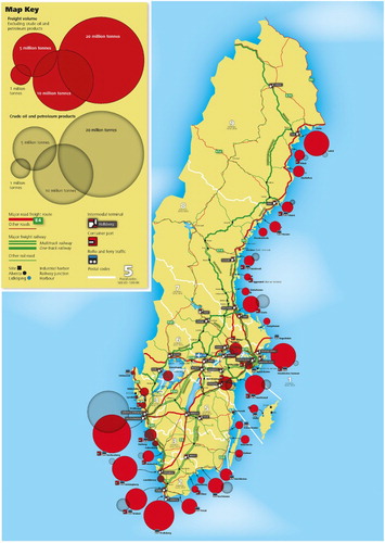 Figure A1. Transport flows on road, rail and sea in Sweden (courtesy of the magazine Transportnytt 2017).