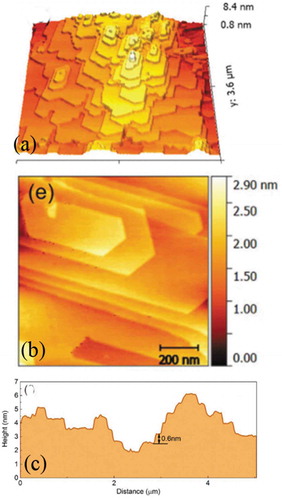 Figure 6. (a) Large-scale and (b) higher-resolution AFM topographic images of [Bmim][NTFI] intercalated in the mica. (c) A representative stepped profile section of an IL nanostructure intercalated in the mica. Adapted with permission from Ref [Citation68]