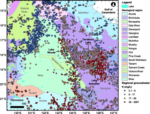 Figure 2. Regional groundwater bore distribution in the central Northern Territory (S. Tickell, pers comm, 2014) overlain on geological regions (Blake & Kilgour, Citation1998). The symbol colours represent the four quartiles of dissolved potassium concentration (K, in mg/L). The dashed box shows the location of the Lake Woods study area. Lake Sylvester and Tarrabool Lake, mentioned in the text, are also shown.