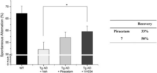 Figure 5. Recovery of Y-maze spontaneous alternations in transgenic (Tg; APPswe/PSEN1dE9 2x TG) AD model mice by the treatment of 7. Each group was evaluated by comparing with the piracetam-treated group (30 mg/kg daily, 1 month, PO). Data are expressed as a mean ± SEM (n = 7 per group): *p < 0.05.