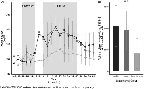 Figure 3. (A) Salivary alpha amylase levels over the course of the experiment in the three experimental groups. (B) The alpha amylase increase in response to the stressor, measured by the area under the curve with respect to the increase (AUCi), by experimental group. The alpha amylase increase in response to the stressor did not differ significantly between the groups. Values are shown as mean ± SD. TSST-G: modified version of the Trier Social Stress Test for Groups.