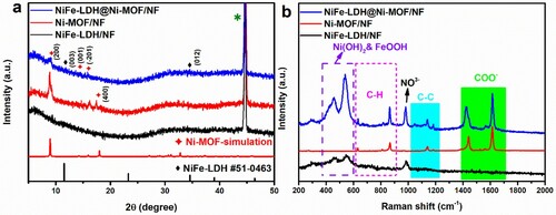 Figure 2. (a) XRD patterns and (b) Raman spectra of NiFe-LDH/NF, Ni-MOF/NF and NiFe-LDH@Ni-MOF/NF. The interference peaks belong to the NF substrate.
