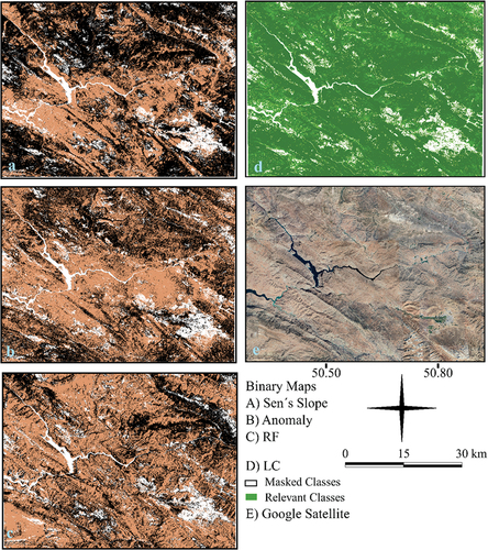 Figure 5. A) Sen’s slope (NDMI index with threshold = 107.93 (August)), B) anomaly (NRGI 20th percentile (July-August)), and C) RF (July-August) for 1986 to 2021. Declining forest areas are marked in orange, while non-declining areas are depicted in black. D) LC map (masked classes in white and the relevant classes in green), E) google Earth view of the study area.