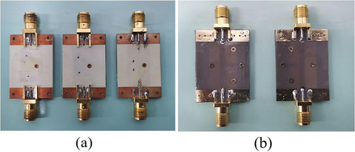 Figure 12. (Colour online) Fabricated NLC-based IMSL devices: (a) the three devices based on Design 1 and (b) the two devices based on Design 2.