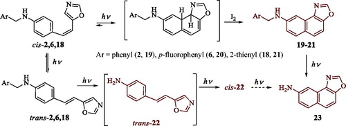 Scheme 2. Photochemical reactivity of amino-5-arylethenyl-oxazoles trans-2,6,18 into naphtho[1,2-d]oxazoles, 19,20 and 21, respectively.