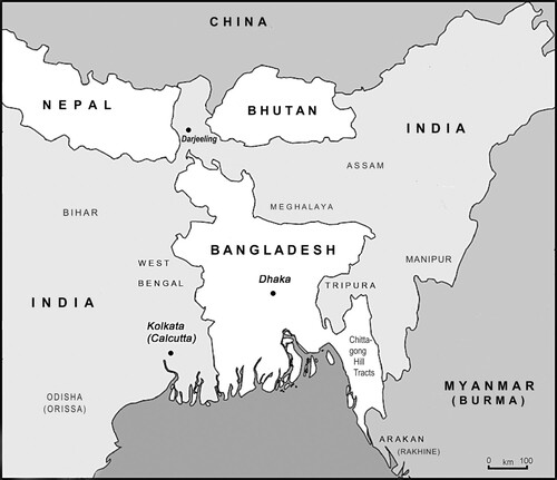 Map 1. The Bengali heartland and surrounding areas, with current boundaries.