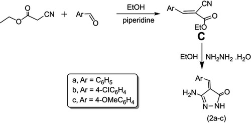 Scheme 2 Synthesis of 5-amino-4-benzylidene-2,4-dihydro-3H-pyrazol-3-ones 2a-c.