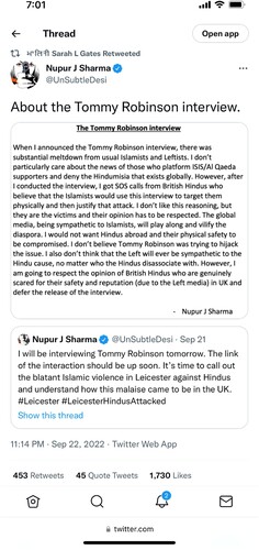 Figure 5. Twitter post by the Hindutva ideologue and OpIndia editor Nupur J. Sharma referring to interviewing Robinson.