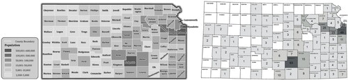 Figure 2. Population density of Kansas in 2016 (left) [Citation11] compared with total occurrence of mushroom exposures by county in Kansas from years 2013–2018 (right).