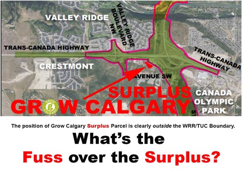 Figure 2. Grow Calgary’s counter-map locate the farm on surplus land outside the route planned for infrastructure expansion.