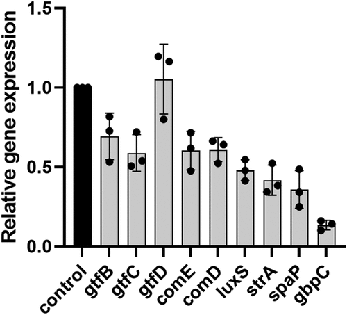 Figure 6. Inhibitory effect of phloretin on the virulence gene expression levels in 24-hour biofilm. The relative expression levels were quantified by real-time PCR with 16S rRNA as an internal control. Black bar represents non-treated control, grey bars stand for biofilm treated with 200 μg/ml of phloretin. Bars represent the mean of three biological replicate. Error bars show standard deviation. NC, negative control (bacteria treated with 5% DMSO).