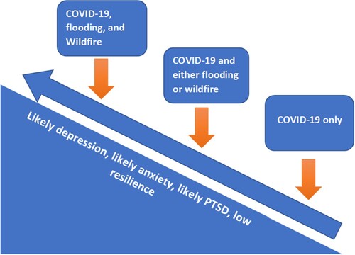Figure 1. Conceptual framework illustrating the relationship between the number of traumatic events experienced and the mental health burden in respondents.