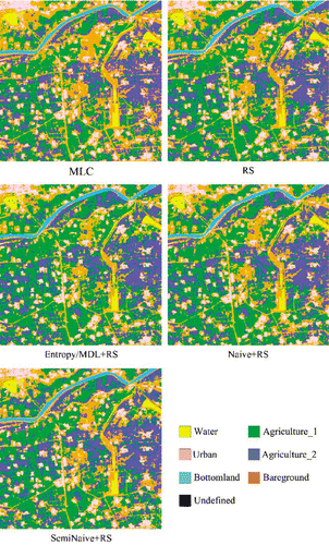 Figure 5.  MLC classification results and RS classification results from original and discretized remotely sensed images with Entropy/MDL, Naive, and SemiNaive methods.