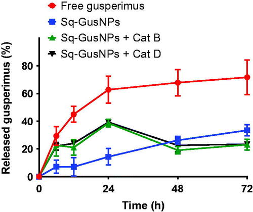 Figure 6. Release profile for free gusperimus (red) and Sq-GusNPs (blue) in PBS at pH 7.4, and for Sq-GusNPs in presence of cathepsins B (green) or D (black) at pH 4.8. After exposing Sq-GusNPs to cathepsins in acidic conditions gusperimus is released to a higher extend confirming that the Sq-GusNPs acts as a prodrug and release gusperimus intracellularly after being cleavage by proteases.