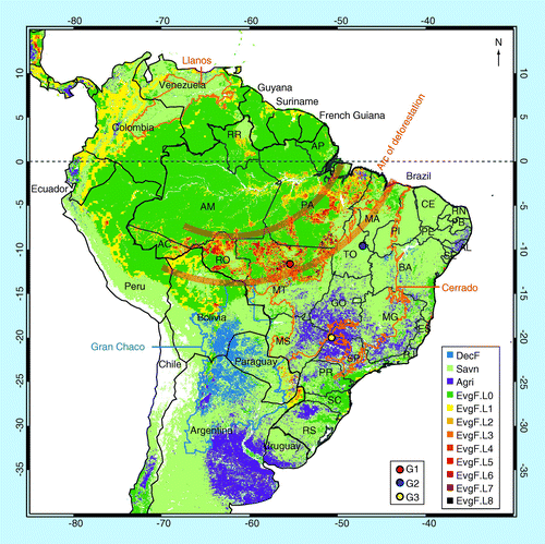 Figure 1.  The South America (85°W–30°W, 40°S–15°N) study domain analyzed in this article for fire trends.Vegetation types were grouped into EvgF, DecF, Savn and Agri. The EvgF region was additionally divided into a nondeforestation component (L0) and eight deforestation levels (L1–L8, corresponding to cumulative deforestation fractions from 2000 to 2005 between 0.7 and 5, 5 and 10, 10 and 15, 15 and 20, 20 and 30, 30 and 40, 40 and 50, and 50 and 100%, respectively). All other land cover types are shown in white. G1–G3 mark the locations of three representative regions used for illustration of fire persistence in Figure 2. The two-letter state codes of Brazil follow ISO 3166–2.Agri: Agriculture; DecF: Deciduous forest; EvgF: Evergreen forest; G1: Deforestation region; G2: Savanna region;G3: Agricultural region; Savn: Savanna.