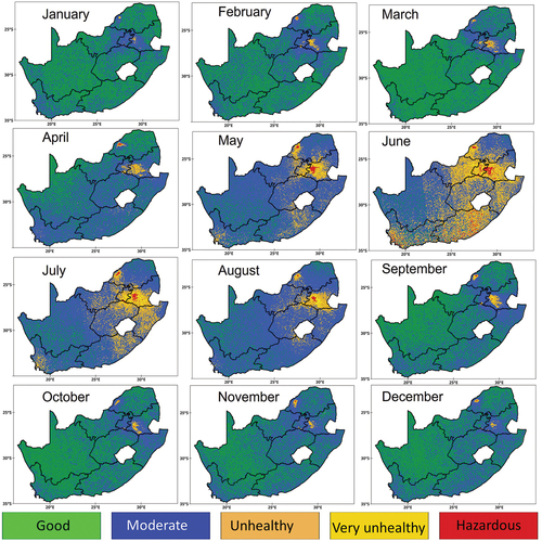 Figure 6. Monthly spatial distribution of the AQI over South Africa for the period of 2022.