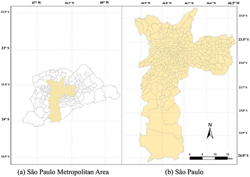 Figure 2. Representation of the study area: (a) São Paulo Metropolitan Area, (b) São Paulo, Brazil.