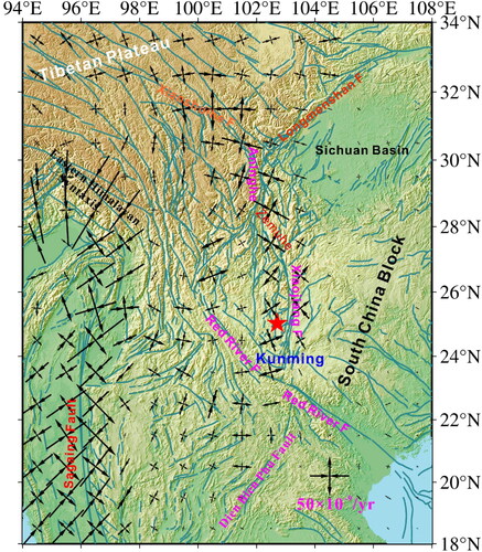 Figure 5. Spatial distribution of principal strain rates in southeastern Tibetan Plateau with grid size of 1.0°× 1.0° (the arrow outward stands for tensile, and the inward represents compressive).