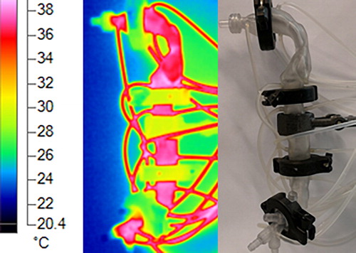 Figure 8. External surface temperature of the cast, measured using an infrared thermal camera. Hot water is circulated in the cast shell capillaries using the connected tubes.