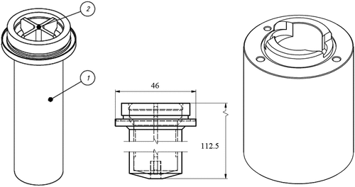 Figure 4. (Left) Design of elongated rotor (1) with vertical vanes insert (2); (right) elongated PMMA rotor housing.