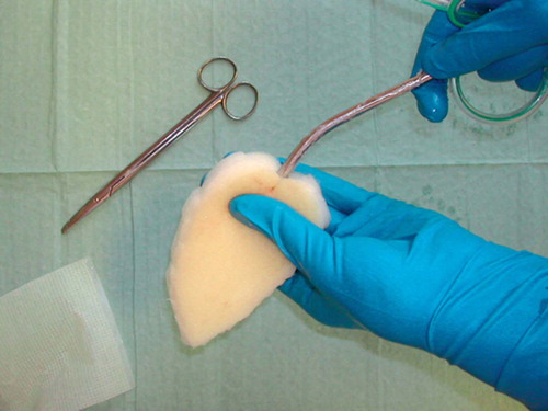 Figure 2. Placing the suction drain in the sponge.