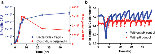 Figure 2. Validation of MiCoMo control system A) Growth curves of strict anaerobes in MiCoMo operating in batch mode B) Log of pH in MiCoMo seeded with fecal sample operating on automatic feeding cycle, with and without active pH control.