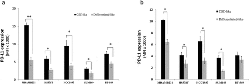 Figure 1. PD-L1 is overexpressed in CSCs subpopulation of breast cancer cells. PD-L1 expression level in both CSC-like subpopulation and their differentiated-like counterparts in five breast cancer cell lines as identified by phenotype using two different sets of markers: a) commonly used CSCs set of markers: EP-CAM+/CD44high/CD24low to identify CSC-like cells and CD44low/CD24high for differentiated-like cells and b) the alternative phenotype Ep-CAM+/CD90high to identify CSC-like and CD90low for differentiated-like cells. Results are displayed as the average of Mean florescence intensity (MFI) of four independent experiments ± SEM. * indicates statistical significance (p < .05)