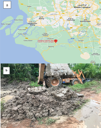 Figure 1. a) location of the sampling point of the marine clay at Kuala Langat, Selangor, Malaysia, and b) marine clay at the site.