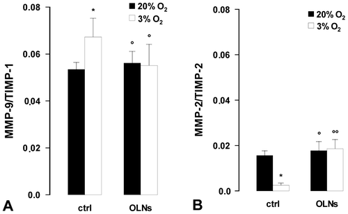 Fig. 5. Oxygen tension and OLND effects on secreted MMP/TIMP balances in human placental explants.